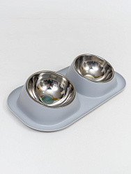 Двойная миска с металлическими чашками серая
