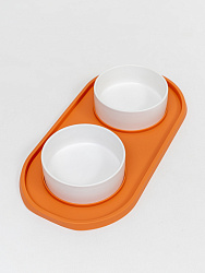 Двойная миска с керамическими чашками оранжевая