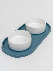 Двойная миска с керамическими чашками серо-синяя